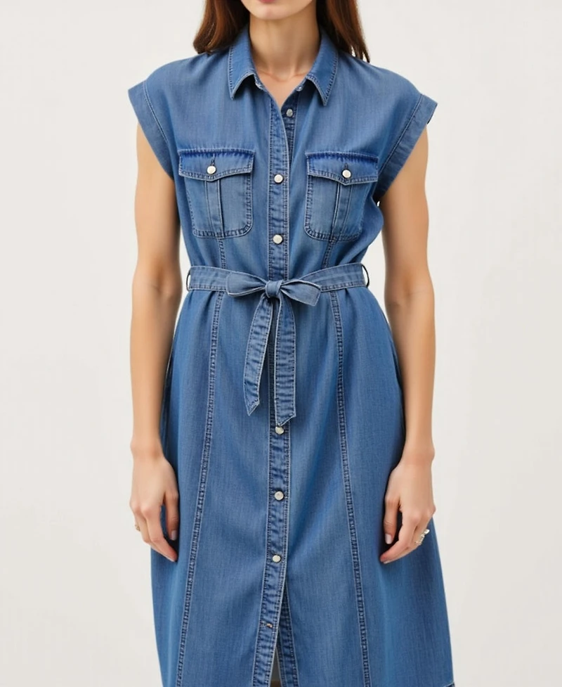 Modenaire Women's Sleeveless Button-Front Tie-Waist Midi Shirt Dress