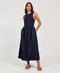 Modenaire Women's Sleeveless Crewneck Gathered Waist Midi Dress