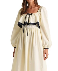 Modenaire Women's Long Sleeve Ruffle Trim Tie Front Midi Dress