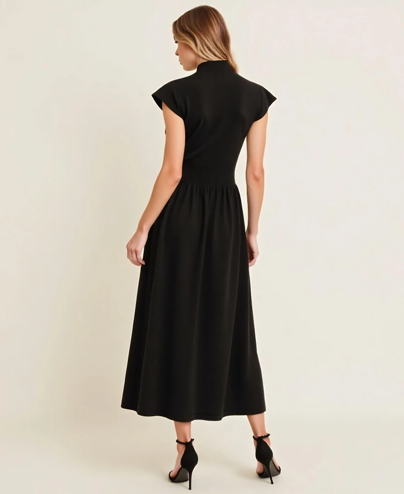 Modenaire Women's Scallop Edge Mock Neck Sleeveless Knit Midi Dress