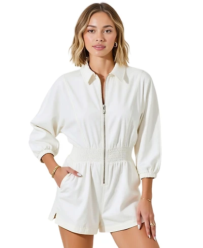 Modenaire Women's Zip Front Collared Long Sleeve Romper
