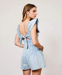 Modenaire Women's Structured Zip-Front Flutter Sleeve Pleated Romper