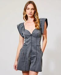 Modenaire Women's Structured Zip-Front Flutter Sleeve Pleated Romper