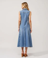 Modenaire Women's Sleeveless Frayed Seams Button Front Midi Dress