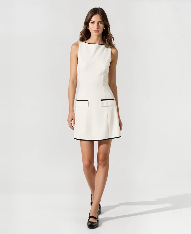 Modenaire Women's Sleeveless A-Line Contrast Trim Faux Pocket Mini Dress