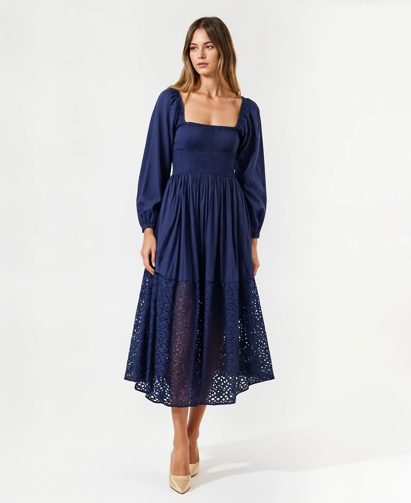 Modenaire Women's Square-Neck Smocked Eyelet Hem Midi Dress