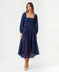 Modenaire Women's Square-Neck Smocked Eyelet Hem Midi Dress