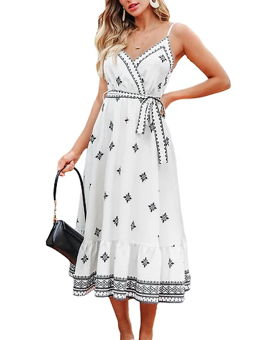 Cupshe Women's Boho Embroidered Tie-Waist Midi Dress