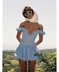 Miss Circle Women Sablee Checkered Puffy Off Shoulder Trim Bubble Hem Mini Dress