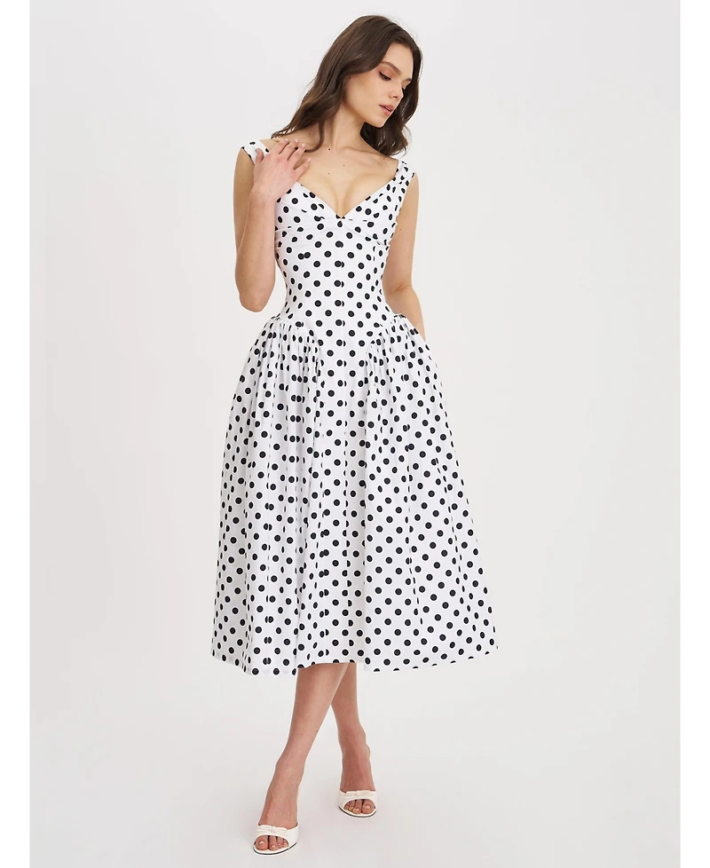Miss Circle Women's Rahma Polka Dot Drop Waist Midi Cotton Poplin Dress