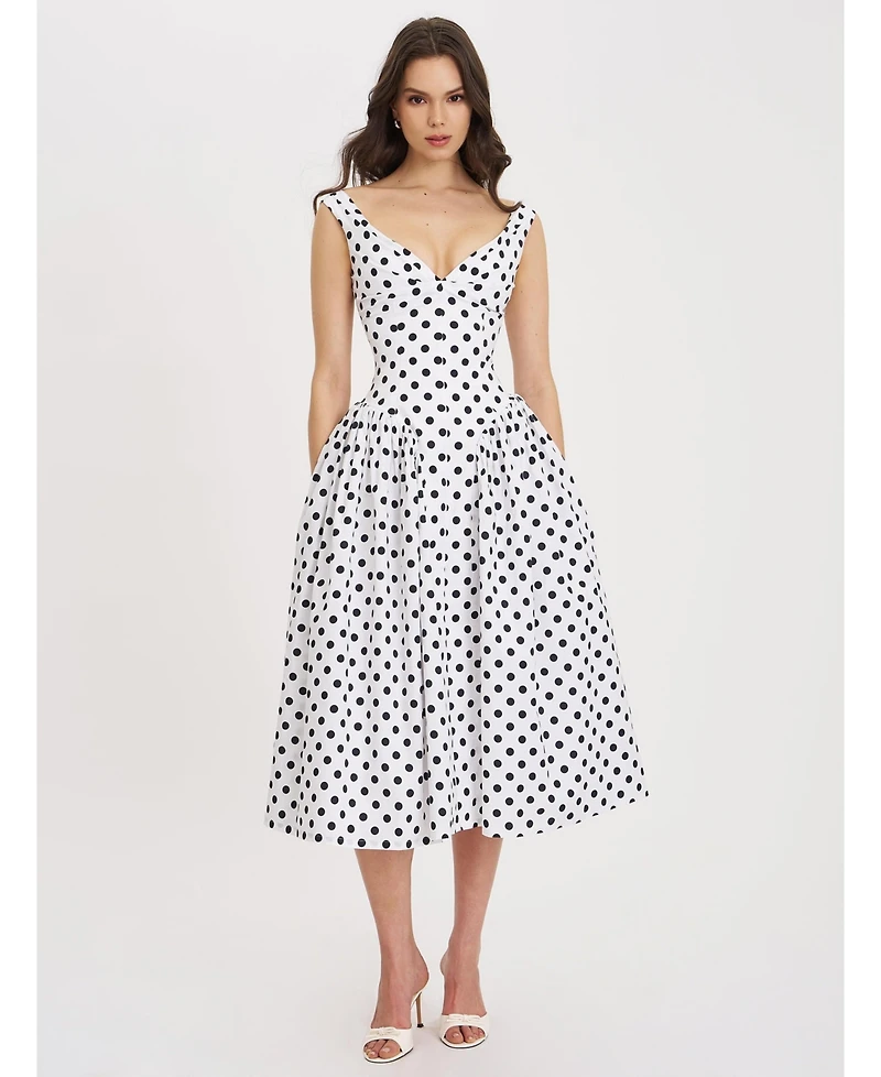 Miss Circle Women's Rahma Polka Dot Drop Waist Midi Cotton Poplin Dress
