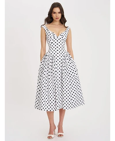 Miss Circle Women's Rahma Polka Dot Drop Waist Midi Cotton Poplin Dress
