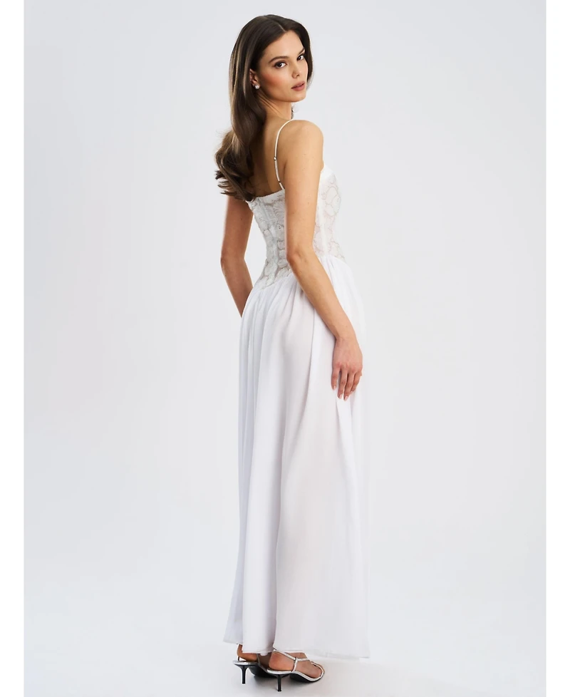 Miss Circle Women's Ucille White Embroidered Chiffon Maxi Dress