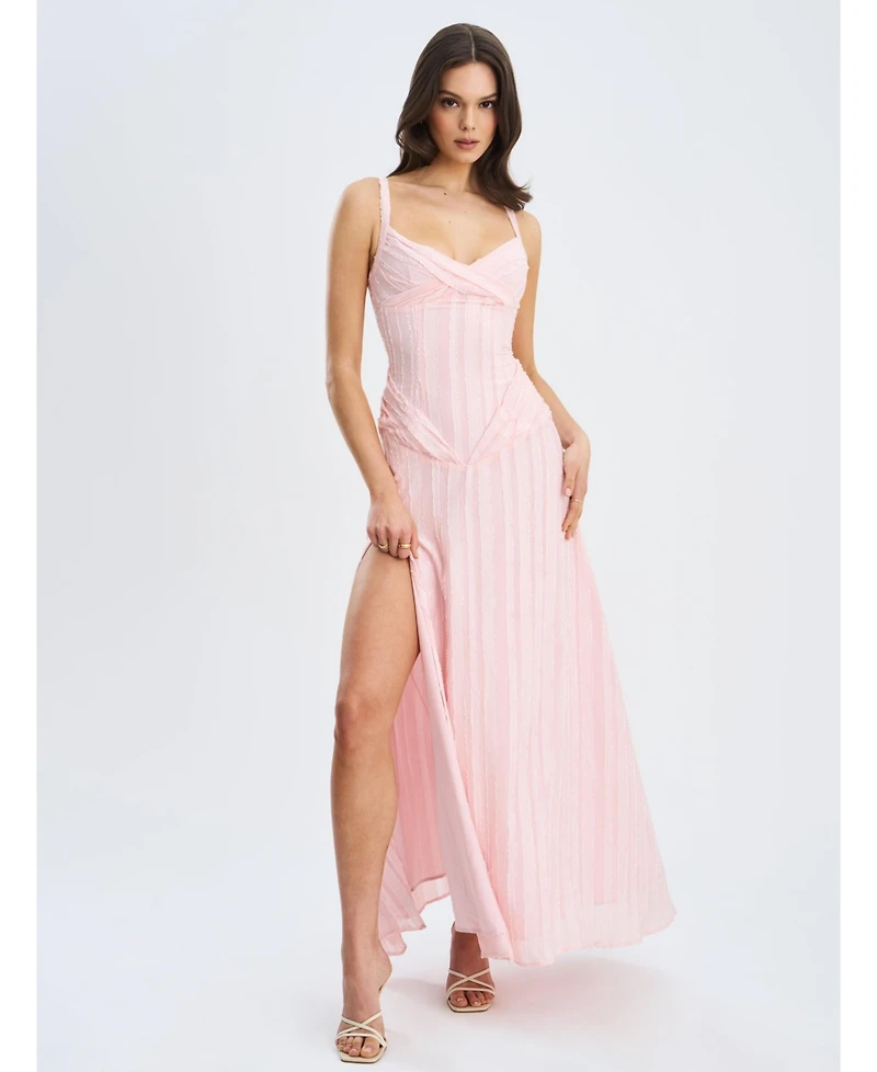 Miss Circle Women's Mallory Baby Pink Stripe Jacquard High Slit Gown