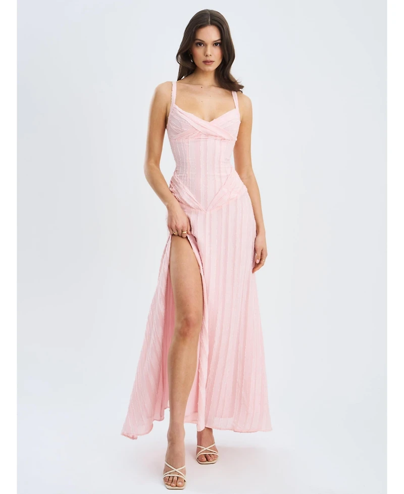 Miss Circle Women's Mallory Baby Pink Stripe Jacquard High Slit Gown