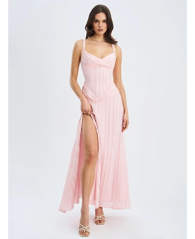 Miss Circle Women's Mallory Baby Pink Stripe Jacquard High Slit Gown