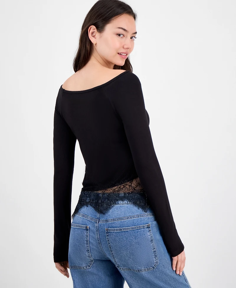 Just Polly Juniors' Asymmetric-Lace Boat-Neck Long-Sleeve Top