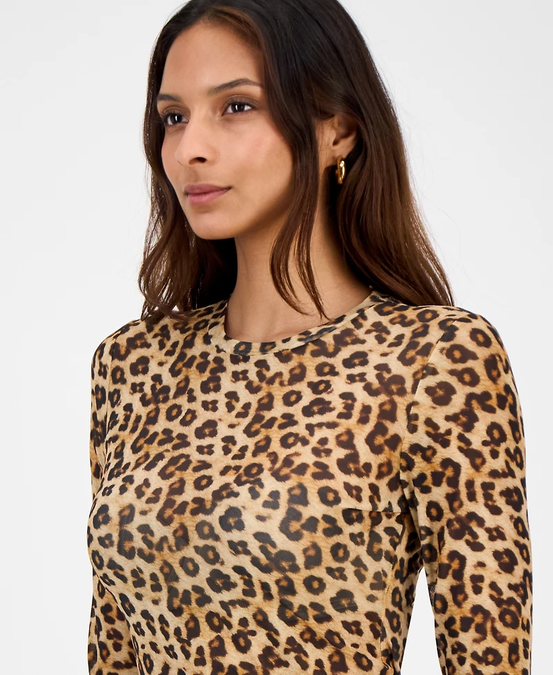 Bar Iii Women's Leopard-Print Mesh Long-Sleeve Top, Macy's Exclusive