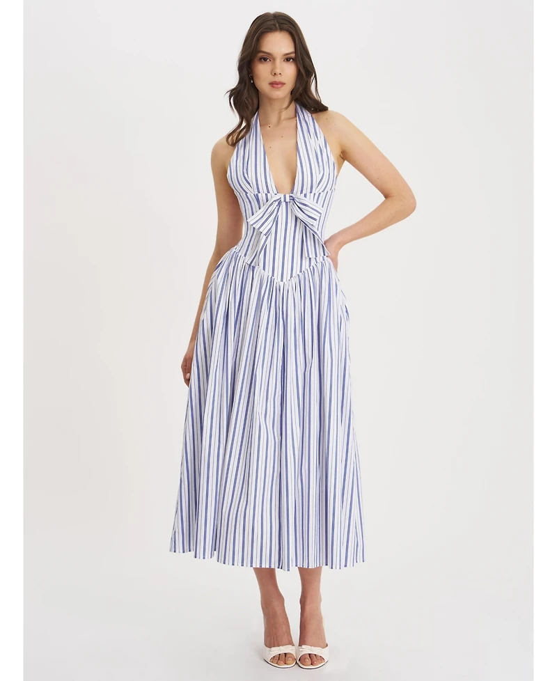 Miss Circle Women's Mackenna Navy Stripe Halter Smock Back Maxi Dress