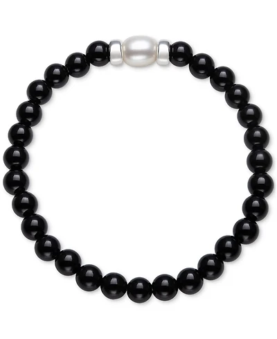 Onyx & Cultured Freshwater Pearl (7-8mm) Stretch Bracelet Sterling Silver (Also Rose Quartz)