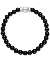 Onyx & Cultured Freshwater Pearl (7-8mm) Stretch Bracelet in Sterling Silver (Also in Rose Quartz)