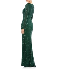 Women's Embellished Illusion Long Sleeve V Neck Gown