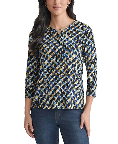 Jones New York Petite Printed Keyhole Top