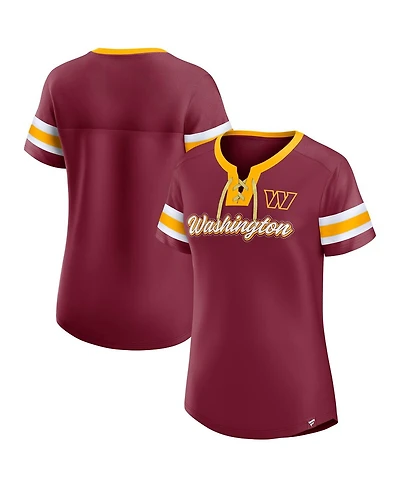 Fanatics Women's Burgundy Washington Commanders True Catch Iconic Rhinestone Bling Athena Lace-Up T-Shirt