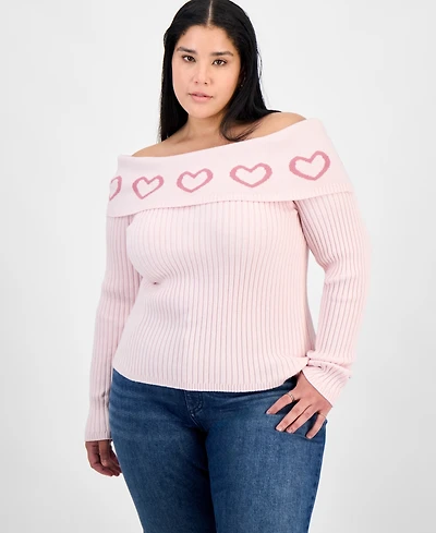 Madden Girl Trendy Plus Heart Off-The-Shoulder Sweater