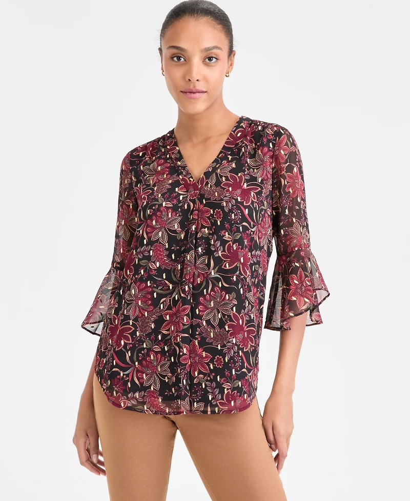 Jones New York Women's V-Neck 3/4 Flutter Sleeve Top