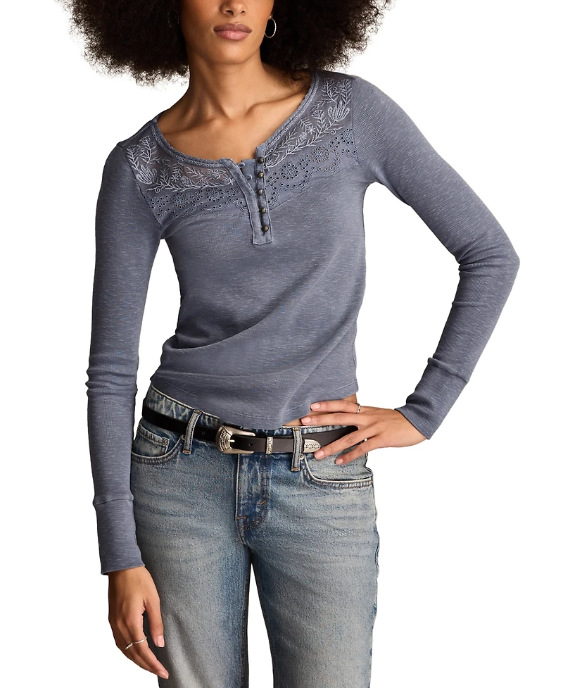 Lucky Brand Women's Lace-Yoke Long-Sleeve Henley Top