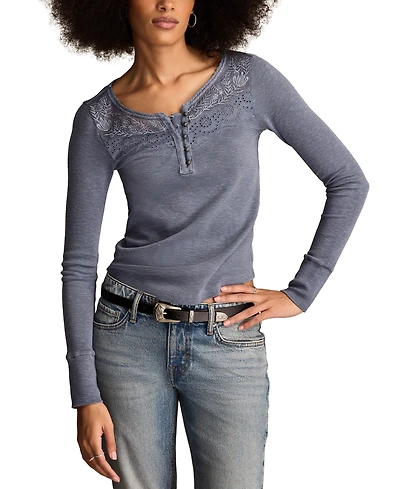 Lucky Brand Women's Lace-Yoke Long-Sleeve Henley Top