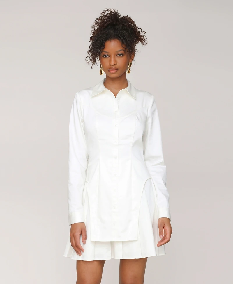 Avec Les Filles Women's Collared Long-Sleeve Short Shirtdress