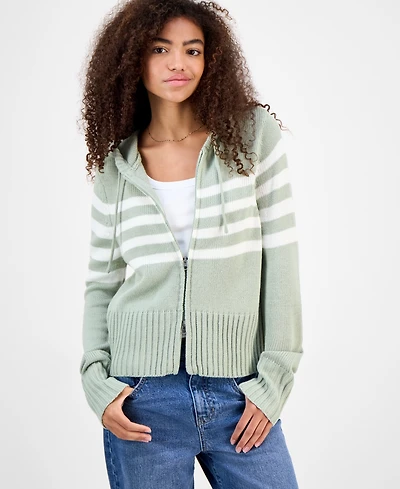 Hooked Up by Iot Juniors' Striped Hooded Zippered Sweater
