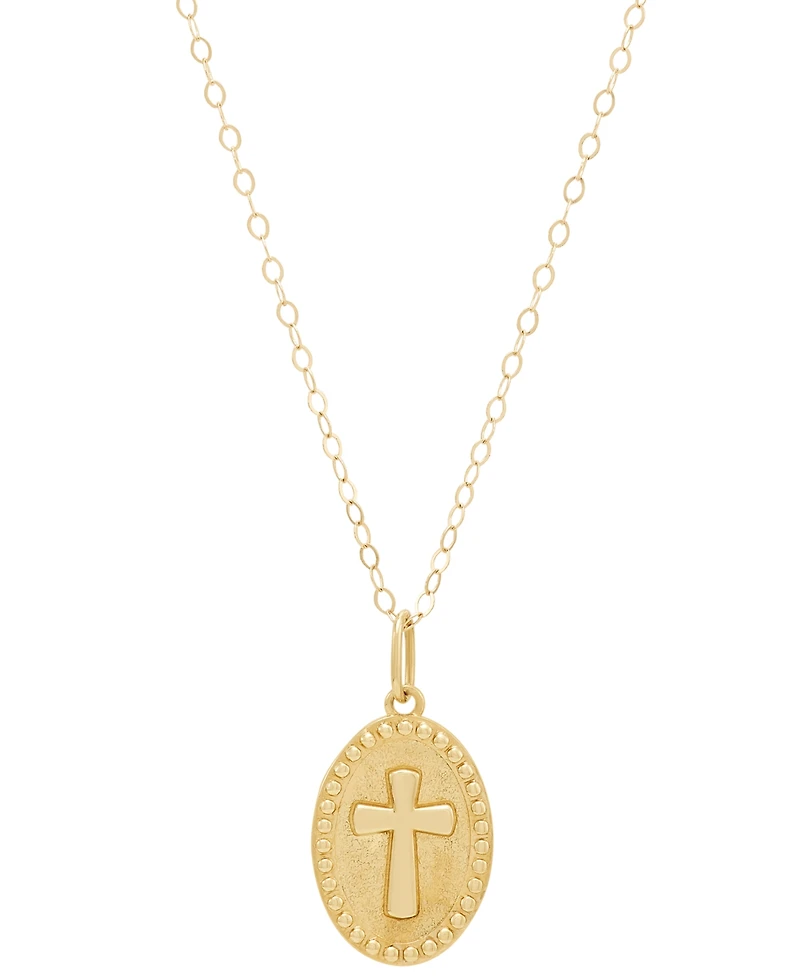 Polished Oval Cross Beaded Medallion 15" Pendant Necklace in 14k Gold