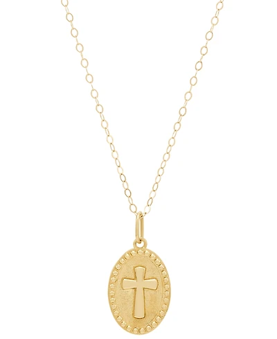 Polished Oval Cross Beaded Medallion 15" Pendant Necklace in 14k Gold