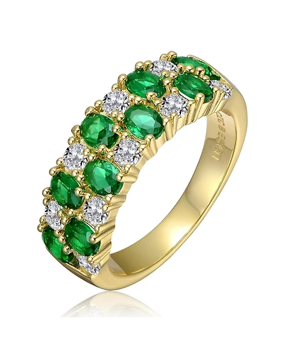 Genevive Sterling Silver 14K Gold Plated with Green & Clear Cubic Zirconia Band Ring