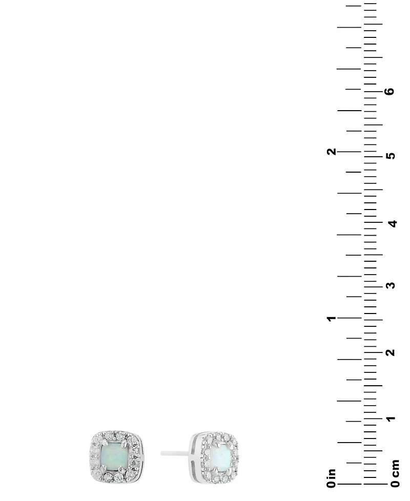 Simulated Opal & Pave Halo Square Stud Earrings in Sterling Silver