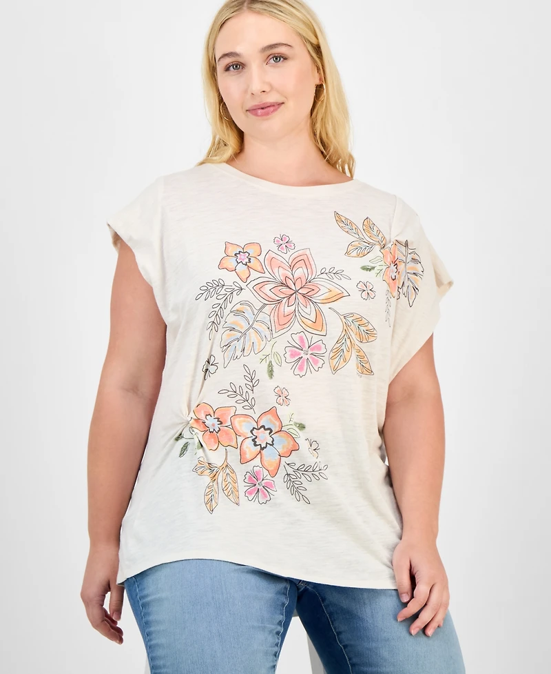 Democracy Trendy Plus Origami Embroidered Cap-Sleeve Top