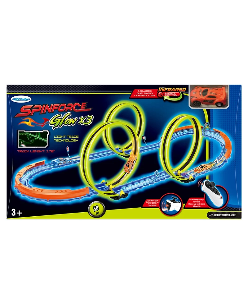 R/C car and track with three loops and glow trace technology.