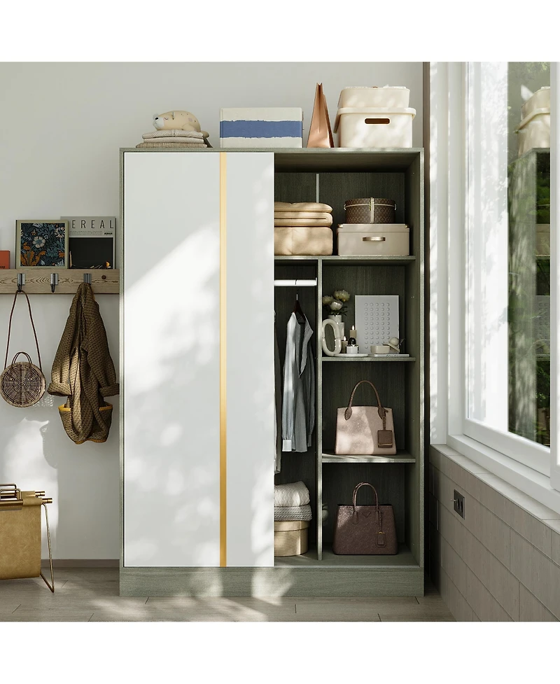 Modern high-quality grey wood color sliding door wardrobe, made of wood, with hanging clothes pole