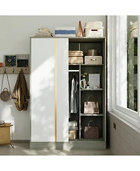 Modern high-quality grey wood color sliding door wardrobe, made of wood, with hanging clothes pole