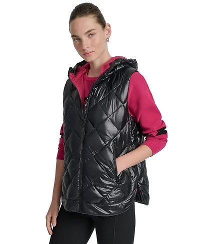 Dkny Women's Quilted Curved-Hem Hooded Vest
