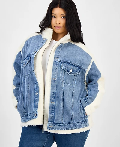 And Now This Trendy Plus Size Denim-Front Teddy Jacket, Macy's Exclusive