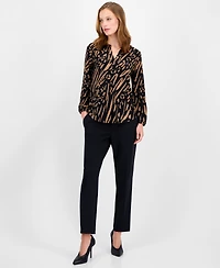 Ak Anne Klein Petite Split-Neck Animal-Print Top