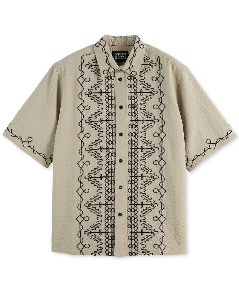 Scotch & Soda Men's Relaxed Fit Short Sleeve Embroidered Button-Front Shirt