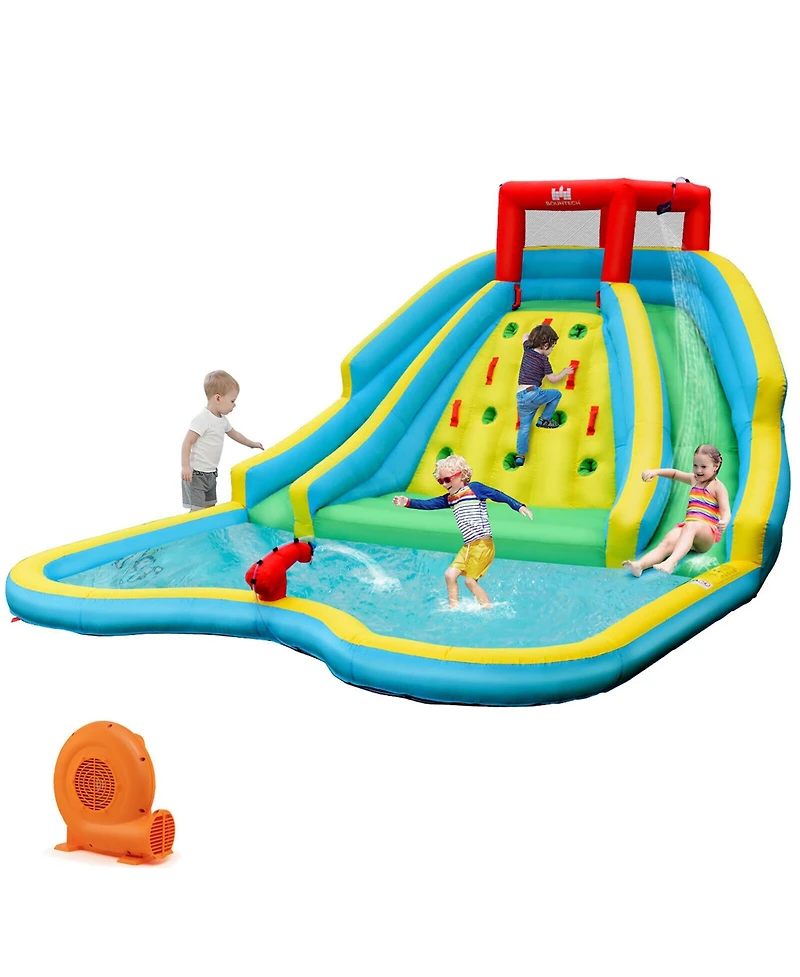 Gymax Inflatable Mighty Water Park Bouncy Splash Pool Climbing Wall with 680W Blower