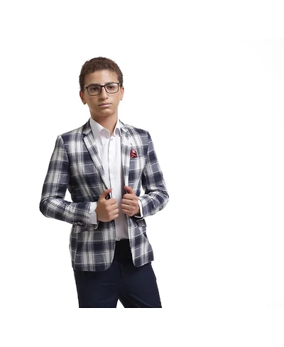 Elie Balleh Boys Navy Slim Fit Plaid Blazer