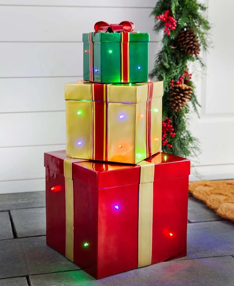 Balsam Hill Outdoor Stackable Lighted Christmas Gifts, Set of 3