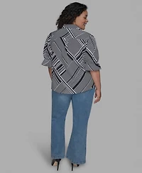 Karl Lagerfeld Paris Plus Geo-Print Puff-Sleeve Shirt